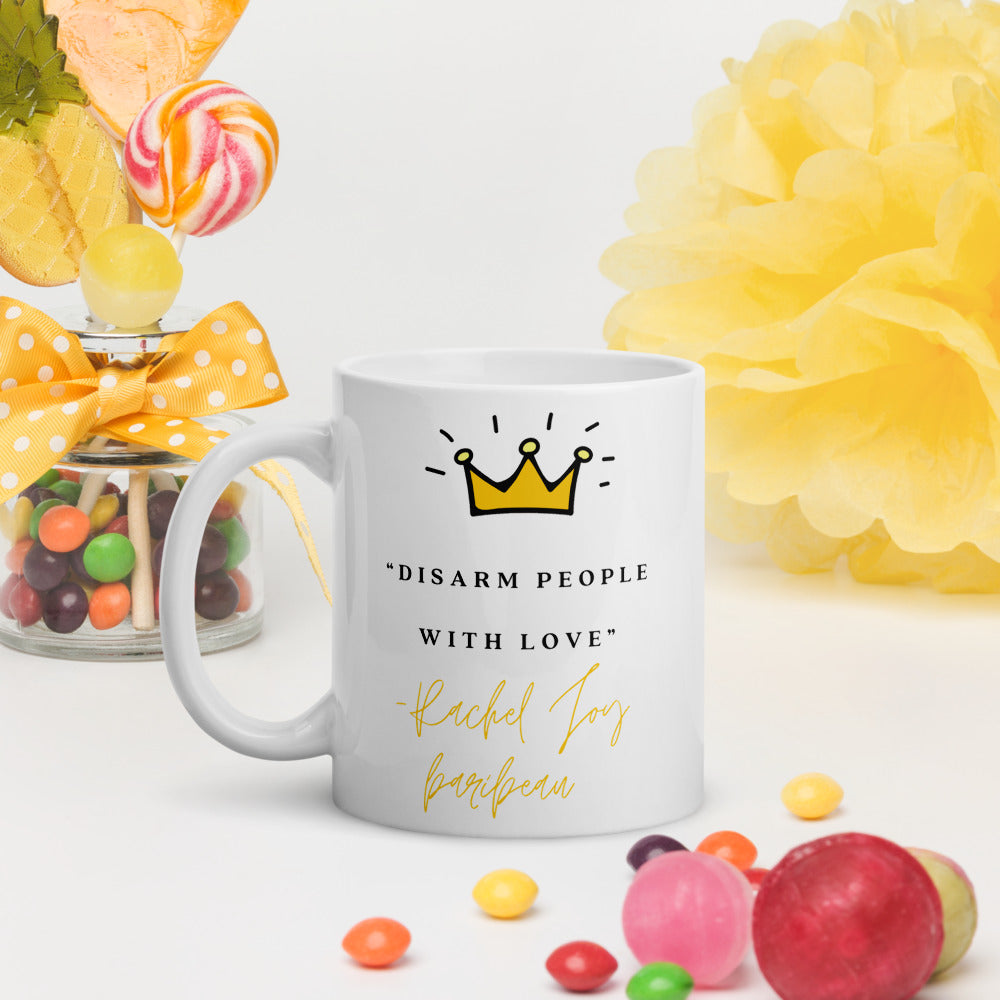 "Disarm People with Love" White glossy mug