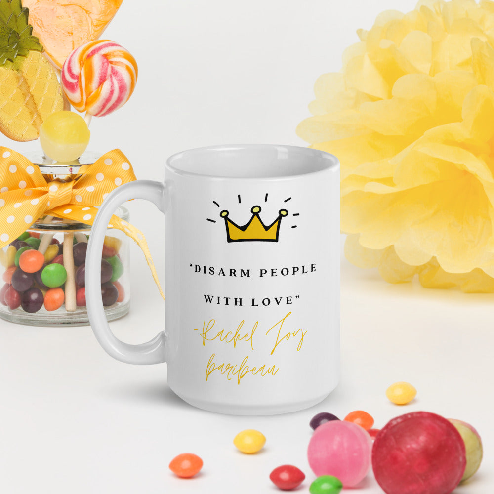 "Disarm People with Love" White glossy mug